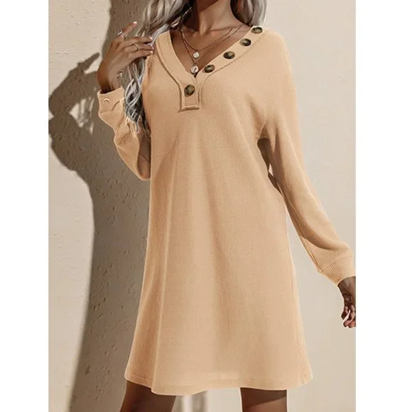V-NECK LONG SLEEVE SWEATER DRESS - Picture 1 of 4